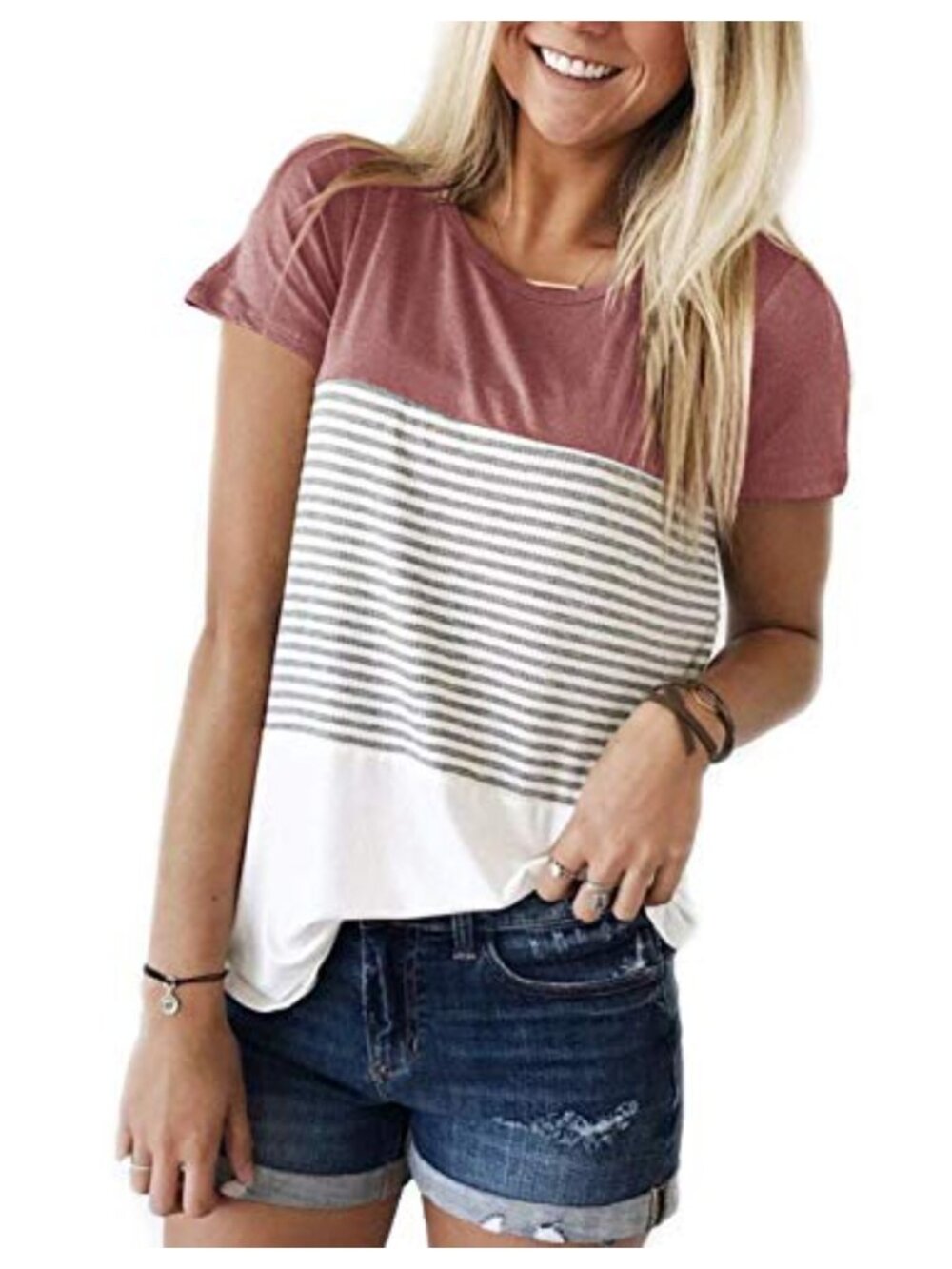 Women's Striped Color Block Short Sleeve Tunic T-Shirt Casual Blouse